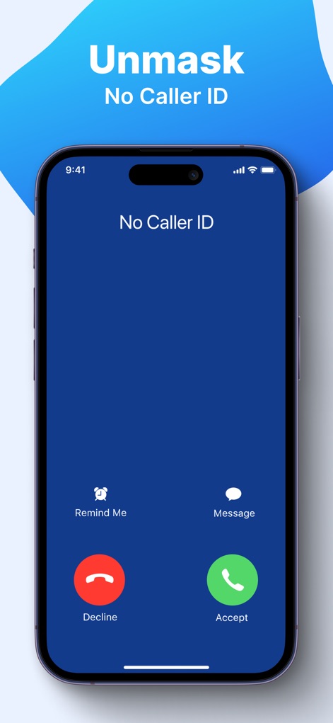 TrapCall: Reveal No Caller ID - Observe how the app handles incoming calls from "No Caller ID" numbers, providing users with clear options to either "Decline" or "Accept" the call.