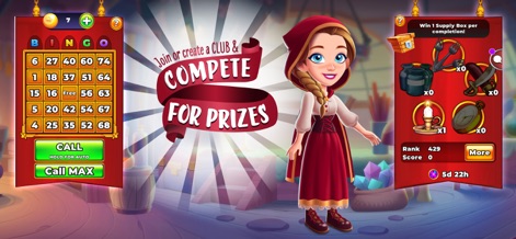 Bingo Story Live Bingo Games - Users are encouraged to join or create a Club, interacting with a clear Bingo game board interface and collecting valuable supply box items.