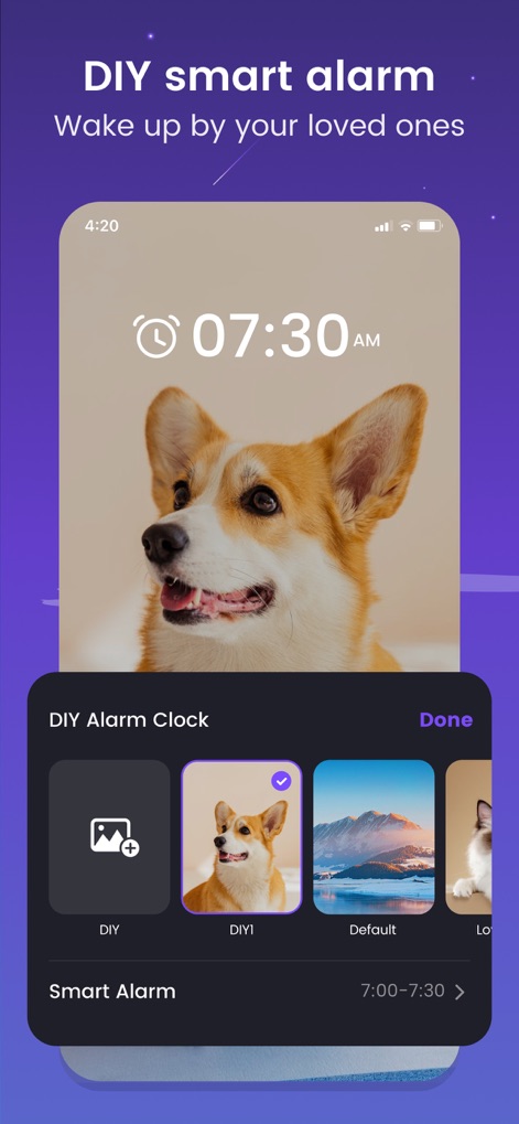 Mintal Tracker:Sleep Recorder - La herramienta ofrece opciones de personalización de alarma, permitiendo a los usuarios elegir una imagen de fondo o subir la suya, como se muestra con la previsualización de un perro, para un despertar más agradable.