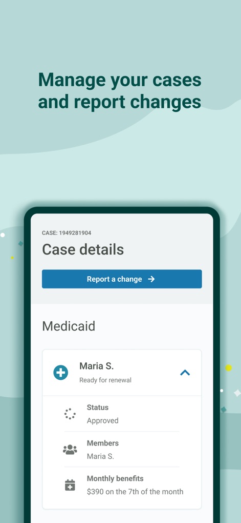 Your Texas Benefits - Users can easily access detailed case information, including benefit status and monthly amounts, alongside a straightforward option to report changes directly within the app.