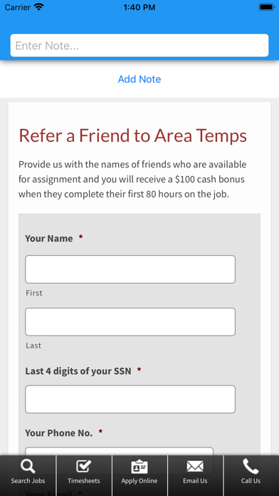Area Temps Staffing Service Screenshot