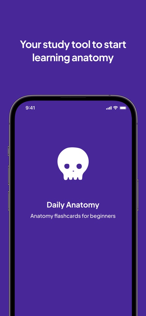 Daily Anatomy Flashcards - L'app si presenta come uno strumento fondamentale per iniziare il percorso nello studio dell'anatomia, con il suo chiaro titolo 'Daily Anatomy' e l'iconico logo a forma di teschio che ne simboleggia l'ambito.