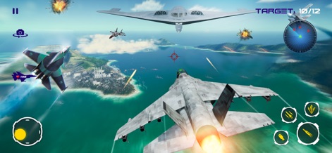 Ace Combat - Fighter Jet Games - 현대적인 전투기와 폭격기가 푸른 바다와 섬 위를 비행하며 펼치는 해상 전투를 보여줍니다. 이 앱에서는 광활한 개방형 전장에서 다양한 전략을 구사할 수 있습니다.