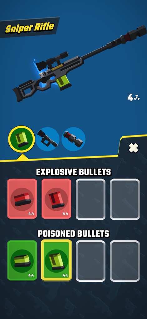 Agent Action - Spy Shooter - Upgrade and personalize weapons with advanced ammunition, as demonstrated by the Sniper Rifle offering both Explosive Bullets and Poisoned Bullets.