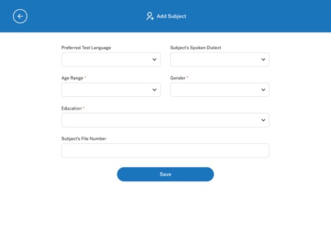 MoCA Duo - A interface de adição de sujeito facilita a inserção de dados demográficos importantes, como a faixa etária e o nível de educação do paciente, para uma avaliação personalizada.