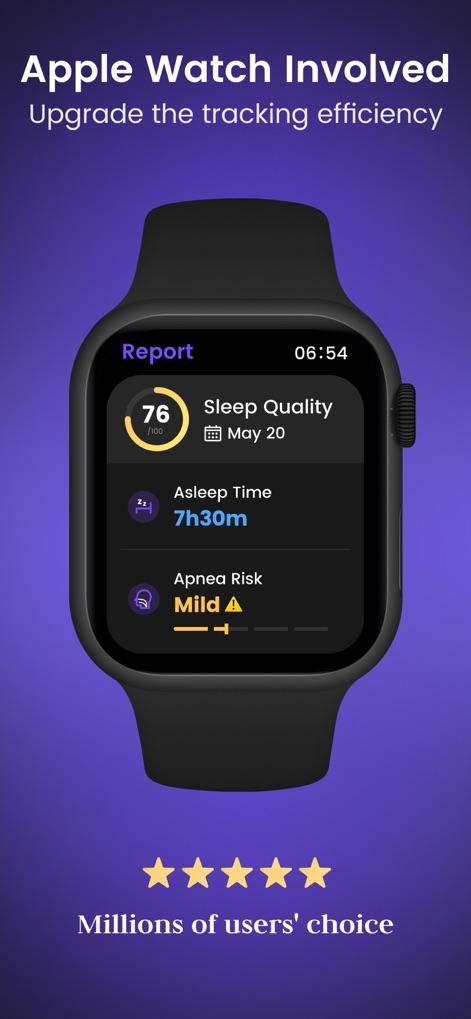 Mintal Tracker:Sleep Recorder - Esta captura muestra la integración con Apple Watch, presentando un informe de calidad del sueño y un indicador de Riesgo de Apnea para una monitorización más precisa y accesible.