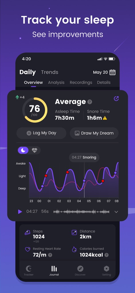 Mintal Tracker:Sleep Recorder - La aplicación ofrece una puntuación de sueño detallada y un gráfico de ciclos de sueño (despierto, ligero, profundo), proporcionando una visión integral de la calidad del descanso nocturno.