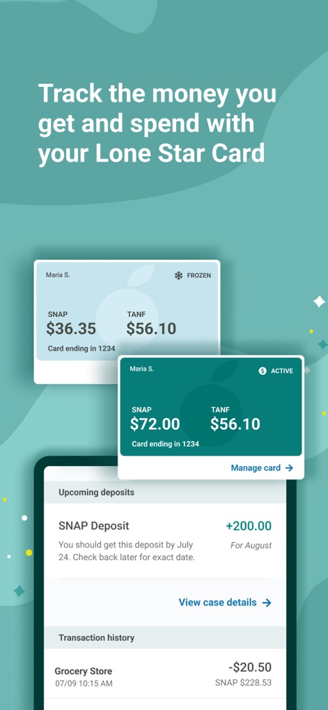 Your Texas Benefits - The app provides comprehensive oversight of the Lone Star Card, displaying both upcoming deposits and a detailed transaction history for financial transparency.