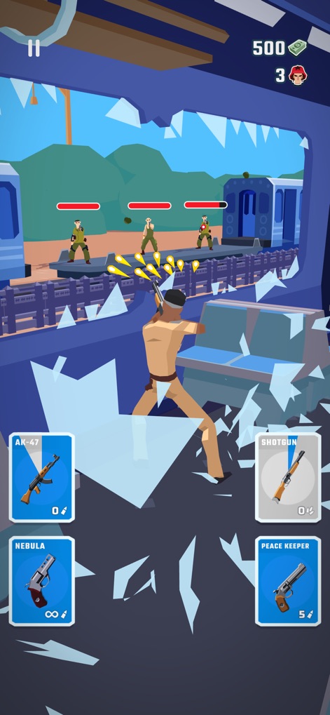 Agent Action - Spy Shooter - Witness intense shootouts within dynamic environments, featuring destructible elements like broken glass and accessible weapon cards for the AK-47 and Shotgun.