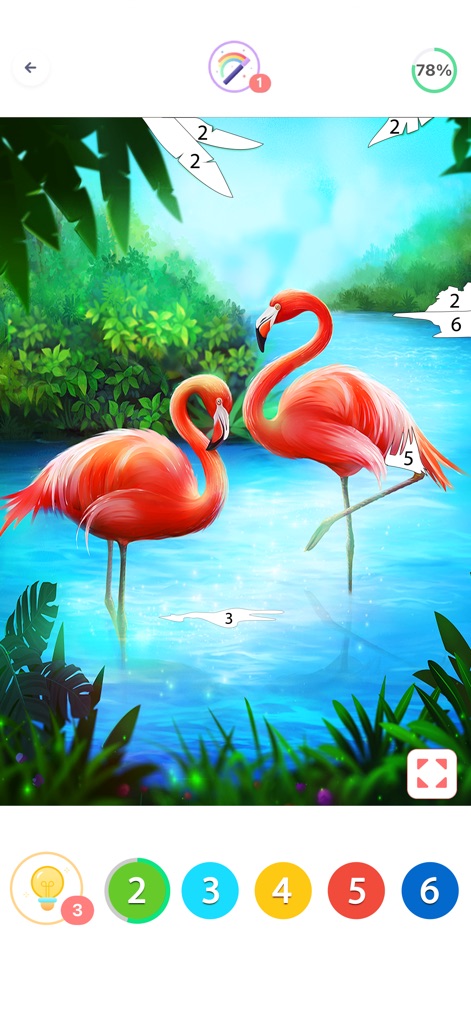 Coloring Fun : Color by Number - Nutzer können beruhigende Naturmotive wie diese Flamingos in einer tropischen Landschaft ausmalen, wobei die lebensechten Texturen des Wassers und der Flora zum entspannenden Erlebnis beitragen.