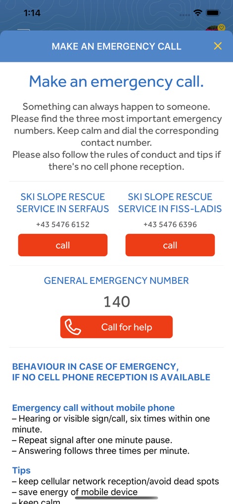 Serfaus-Fiss-Ladis - この画面には、地元のスキーパトロールや一般的な「緊急電話番号一覧」が明確に表示されており、「オフライン時の緊急時の行動指針」も提供されているため、ユーザーは万一の事態に冷静に対処できます。