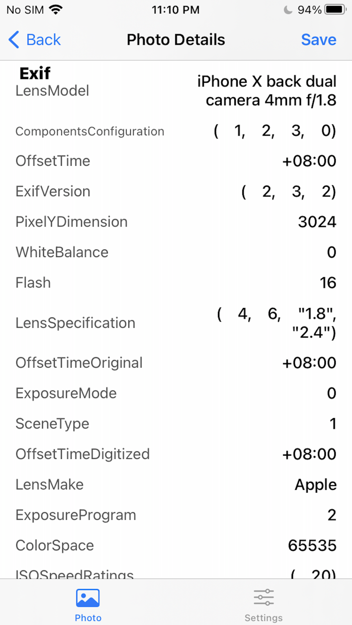 Photo Exif metadata View Exif