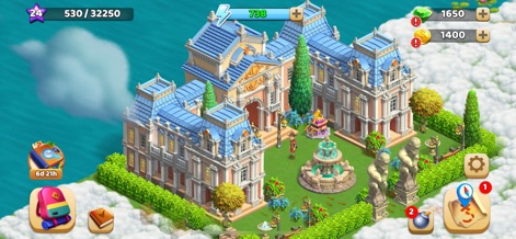 Funky Bay – Farm & Adventure - This image showcases the impressive scale of island development, featuring an ornate mansion structure and an elaborate garden fountain for ultimate customization.