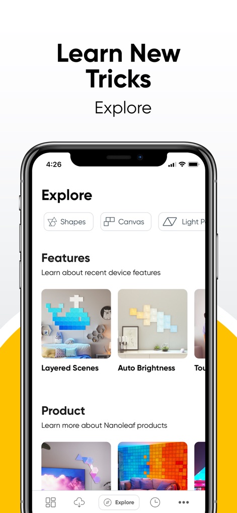 Nanoleaf - Im 'Explore'-Bereich finden Nutzer detaillierte Erklärungen zu neuen Funktionen wie 'Layered Scenes' sowie gerätespezifische Anleitungen für Nanoleaf-Produkte.