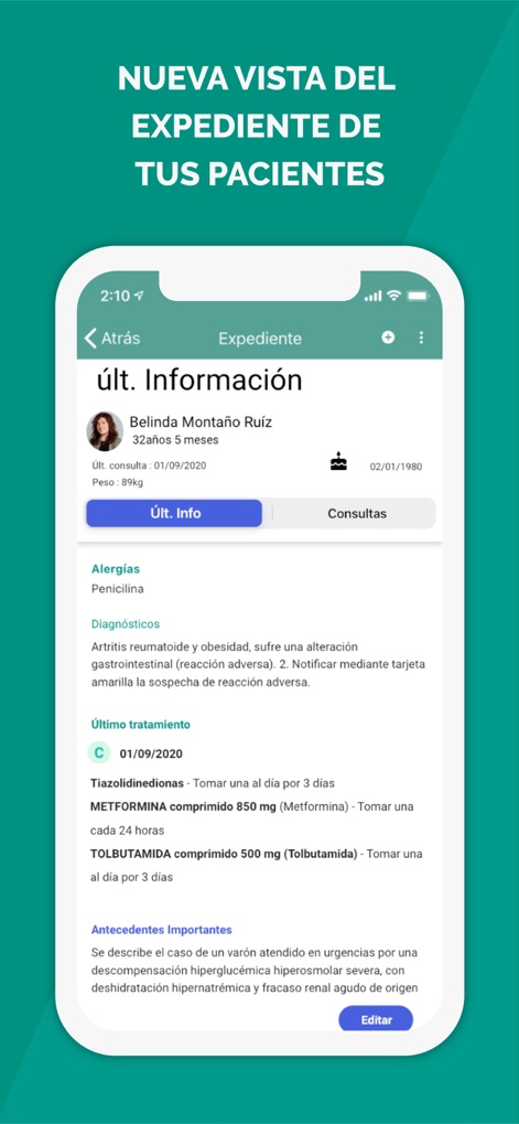 Eleonor - Esta tela exibe a seção "Últ. Info" do paciente, detalhando as "Alergias" e os "Diagnósticos" importantes para o tratamento.