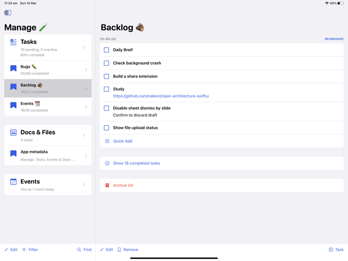 Manage Tasks Docs and Events