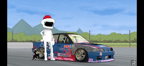 FR Legends - Showcase personalized car livery alongside the unique character model, set against a stylized landscape background.