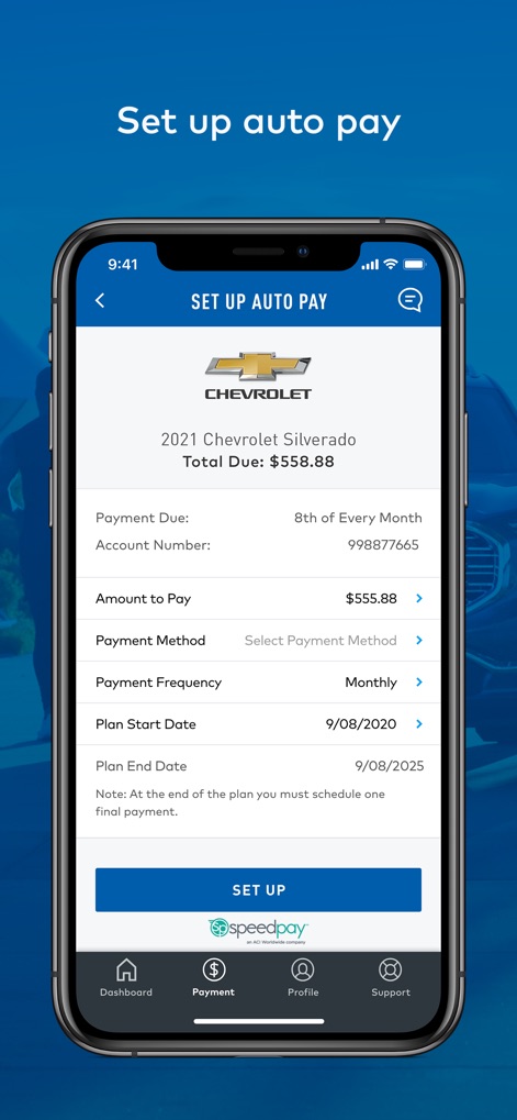 GM Financial - The app simplifies financial management with its 'Auto Pay setup' screen, allowing users to define their preferred 'payment frequency' and 'plan start/end dates'.