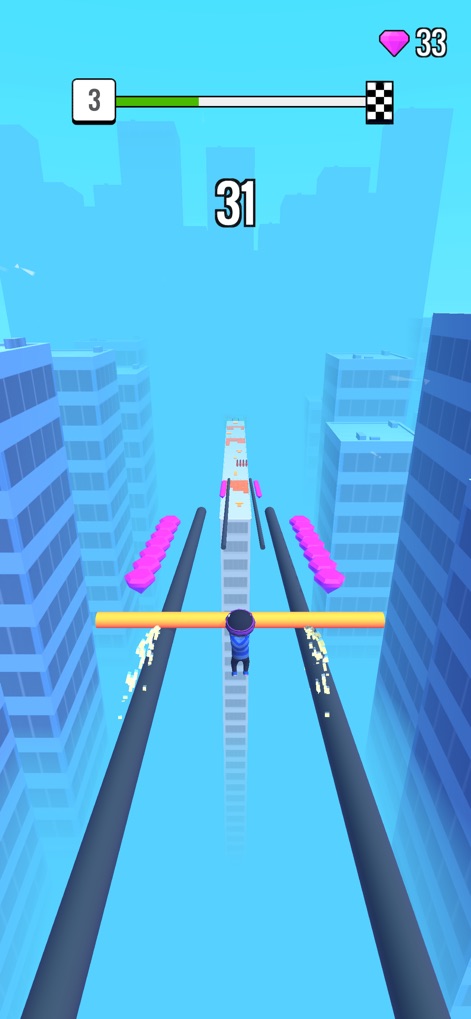 Roof Rails - Observe how the character skillfully uses the rails to bridge significant gaps and collects valuable diamonds.
