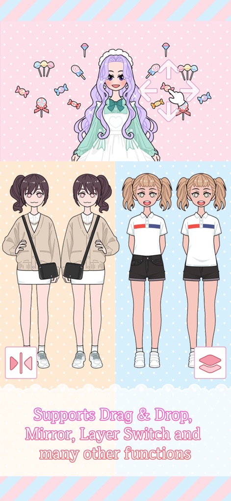 Lily Diary - This tool simplifies character editing by showcasing robust features like 'Drag & Drop' for placement and a convenient 'Mirror & Layer Switch' for precise adjustments.