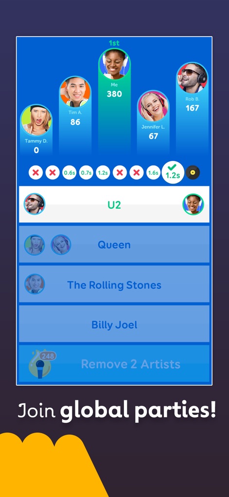 SongPop Classic - Music Trivia - Discover the engaging global competition overview, featuring a real-time multiplayer leaderboard and precise guess tracking indicators.