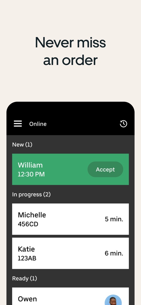 Uber Eats Orders - Esta interfaz intuitiva organiza los pedidos por estado, mostrando claramente el pedido 'Nuevo (1)' con su botón de 'Accept' y los pedidos 'In progress (2)', lo que garantiza una gestión eficiente y sin omisiones.