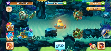 Funky Bay – Farm & Adventure - Users can explore the mysteries of the deep sea, uncovering hidden artifacts within a dark underwater cave and navigating the depths with their trusty submarine.