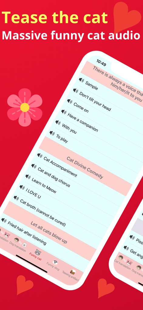 Dog&Cat  translator pet co - Una extensa lista de audios para "Tease the cat" permite interactuar, incluyendo opciones como "Cat Divine Comedy" y "Don't tilt your head", con un icono de flor como adorno visual.
