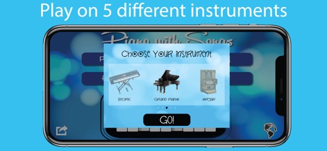 Piano with Songs - Select from a diverse range of virtual instruments, such as the Grand Piano or Organ, within the intuitive instrument selection interface.