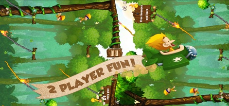 Benji Bananas: Run, Jump, Win - Experience exciting multiplayer action with a split-screen interface, allowing two players to navigate challenging flaming ropes and vibrant jungle scenery simultaneously.