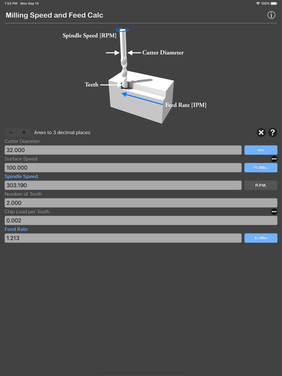 Milling Speed and Feed Calc iPad app afbeelding 3