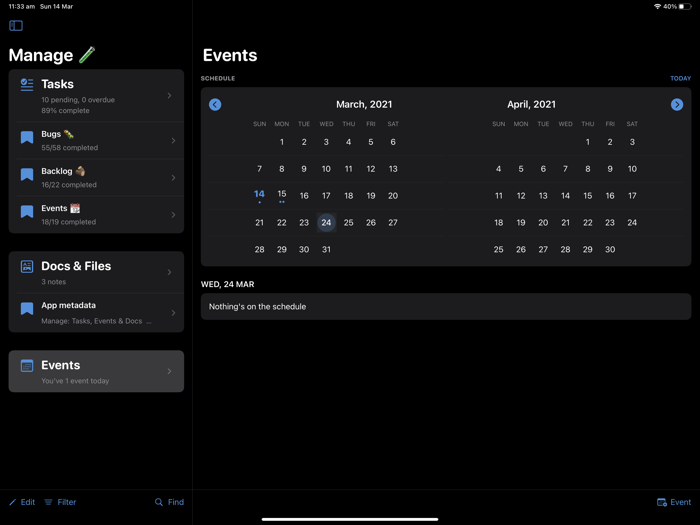 Manage Tasks Docs and Events