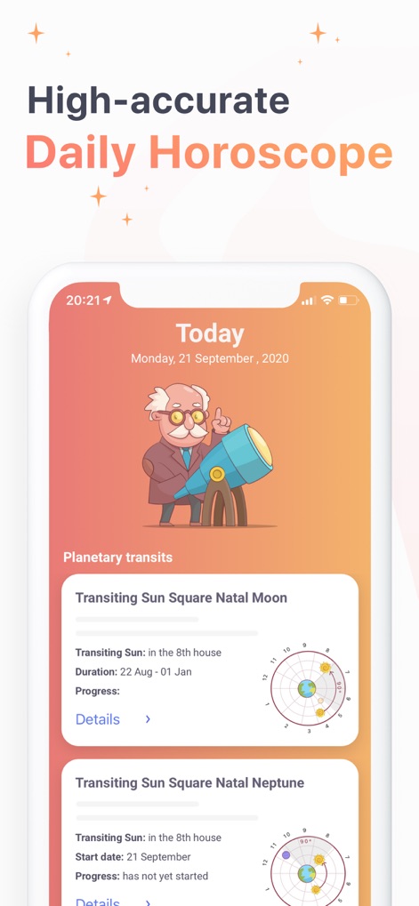Daily Horoscope App 2024 - Users can explore daily planetary transits displayed in detailed cards and visualize celestial movements with the interactive circular diagram.