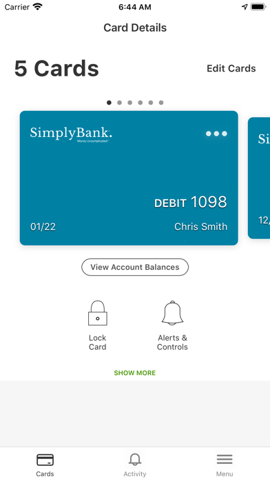 SimplyBank Card Control Screenshot