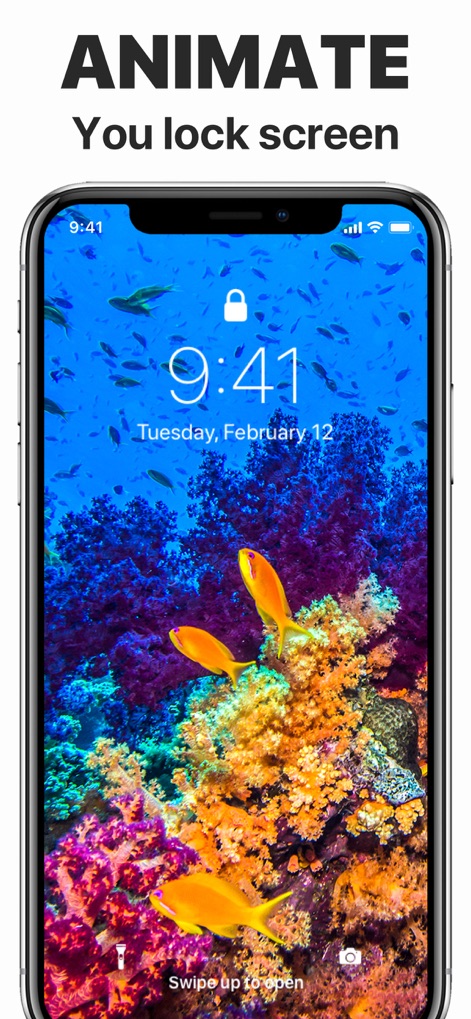App Icons – Widget & Wallpaper - Transform your lock screen with animated backgrounds featuring vibrant underwater coral reefs and lively swimming fish, enhancing personalization.