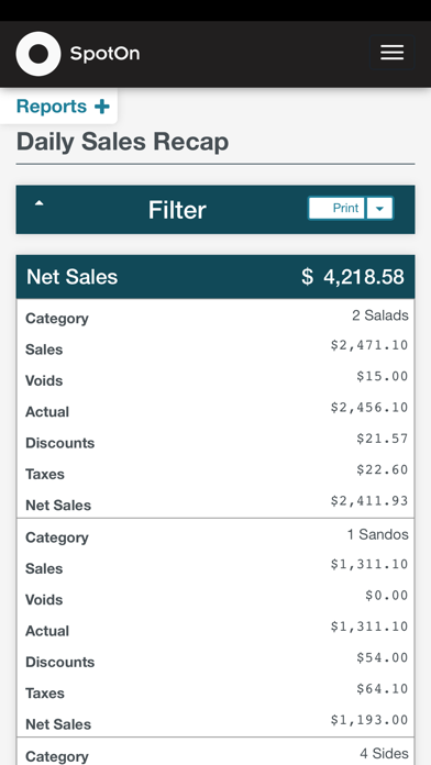 SpotOn Restaurant Reports Screenshot