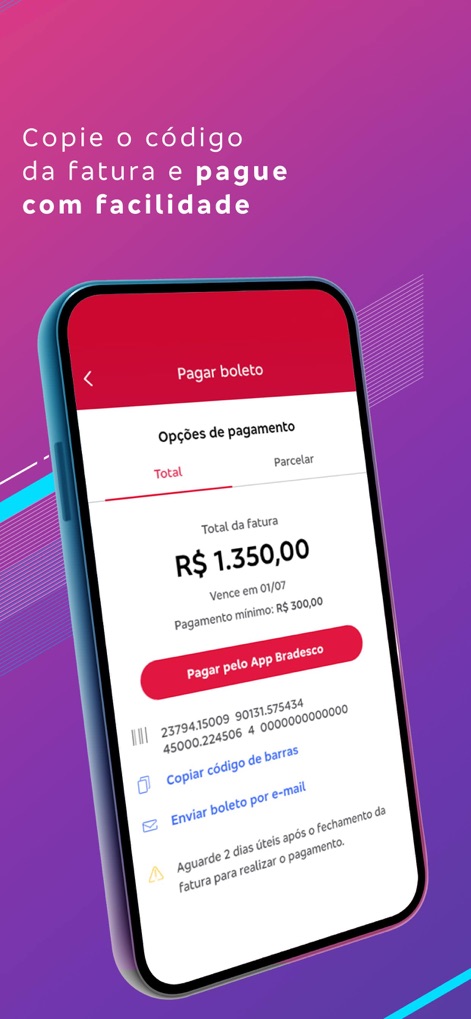 Bradesco Cartões - This interface streamlines bill payments by offering various options, including copying the barcode directly and providing a clear payment summary.