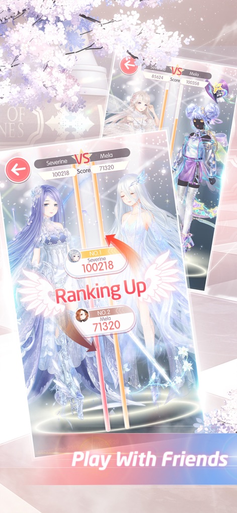 Love Nikki-Dress UP Queen - The app features engaging competitive events, displaying a 'Ranking Up' notification for a player and a clear scoreboard with opponent details.
