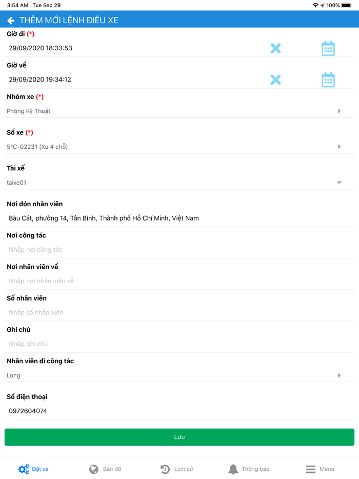 Đặt Xe Nội Bộ