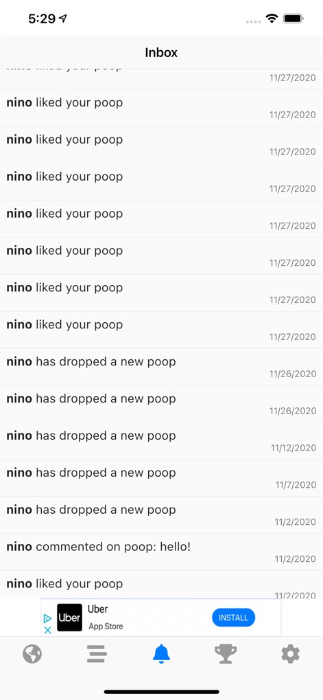 Poop Map - Pin and Track - The inbox screen provides a clear notification list of social engagements, including likes and comments, complete with specific timestamps.