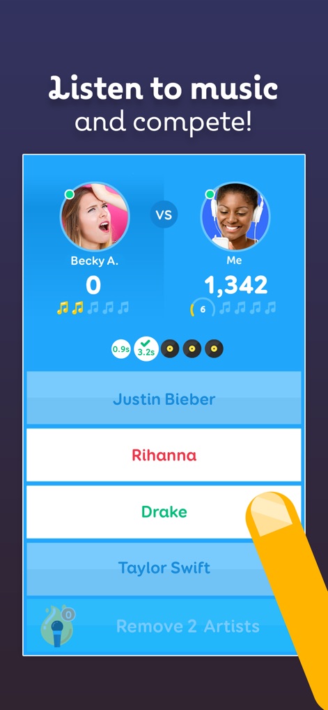 SongPop Classic - Music Trivia - Witness the dynamic live match interface, complete with real-time player scores and an intuitive multiple-choice artist selection panel.