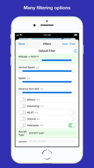 Capture d'écran de OpenADSB sur iPhone 7