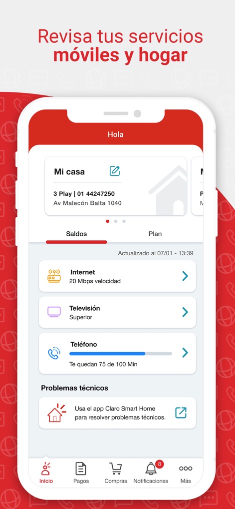 Mi Claro Perú - The app provides a clear overview of integrated home services, detailing current internet speed and television package information, alongside mobile service management.