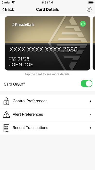 Pinnacle Bank TX Card Control Screenshot