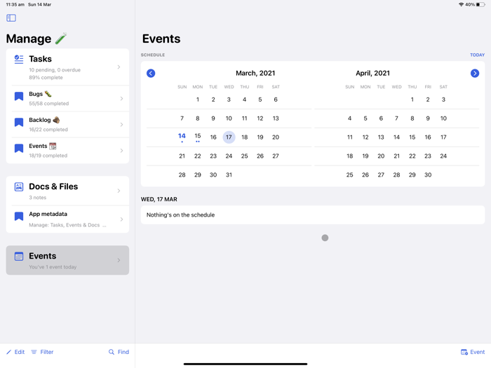 Manage Tasks Docs and Events