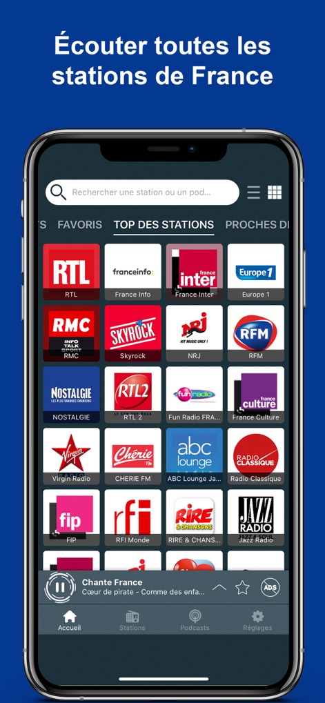 France Radio: Online, FM et AM - The app offers an intuitive grid layout for effortless station browsing and a prominent search bar to quickly find desired broadcasts.
