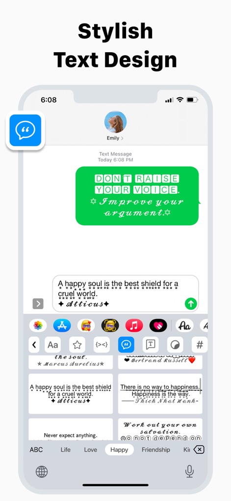 Keyboard Fonts & Emoji Maker - A imagem exibe mensagens com designs de texto decorativos, enriquecendo a comunicação visual, e um teclado que oferece opções de estilo variadas para personalização.