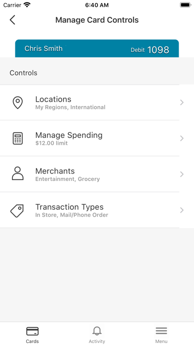 SimplyBank Card Control Screenshot