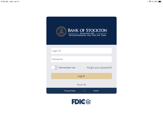 Bank of Stockton Mobile iPad screenshot 1 - Finance app