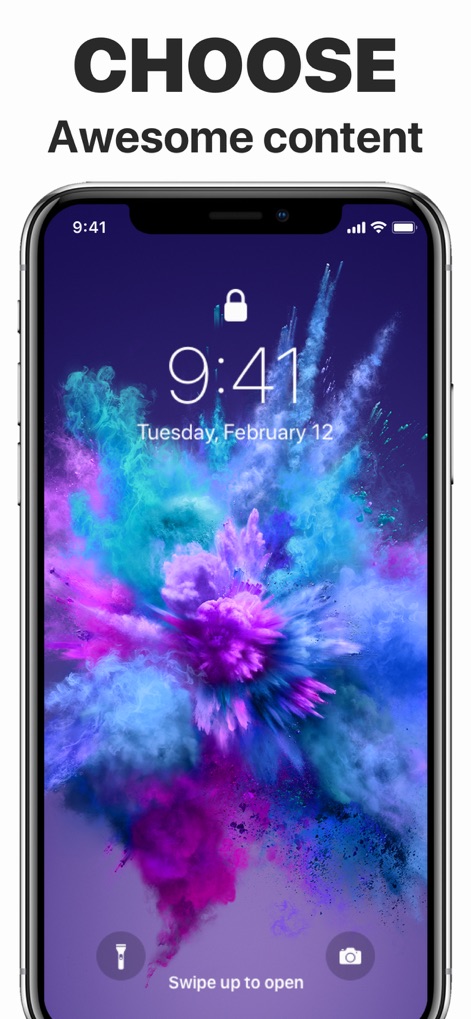 App Icons – Widget & Wallpaper - Explore the app's extensive library of awesome content, showcasing vibrant abstract wallpapers and the standard lock screen date/time display.